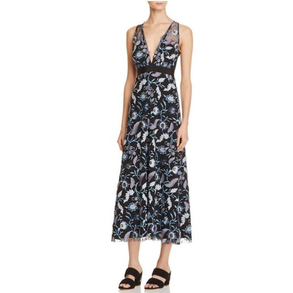 NWT Sandro Blueshine Floral Beaded Mesh Midi Dress Black Blue Size 1